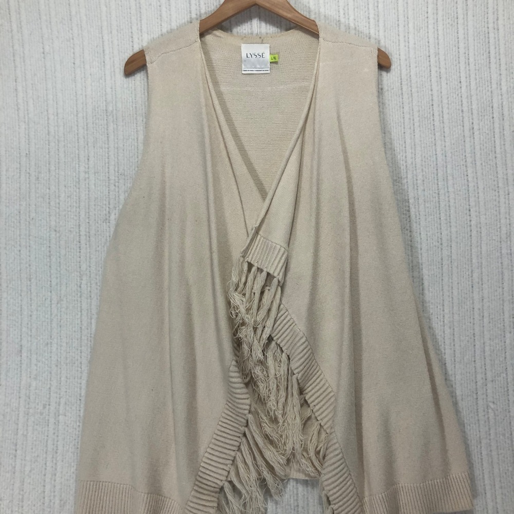 Lysse Fringe Open Front Cardigan Vest Sleeveless Sweater‎ Knit Cream L/XL